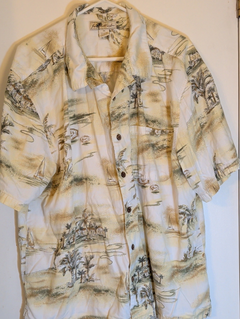 Joe Marlin Cream & Green Island Scene Camp Shirt